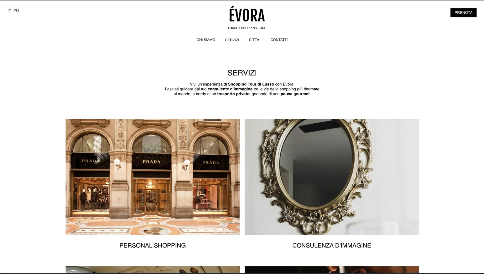 Sezione servizi del sito ÉVORA - Luxury Shopping Tour