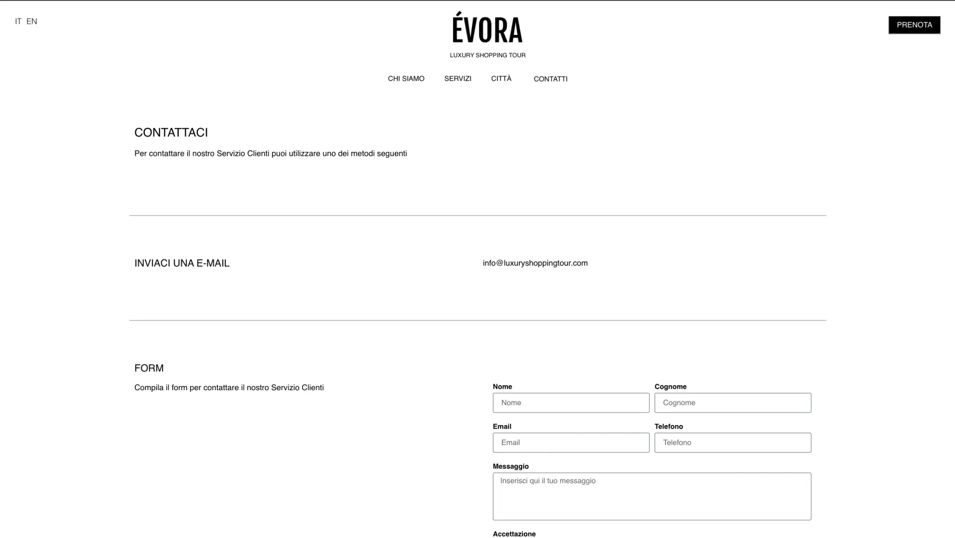Pagina prenotazione del sito ÉVORA - Luxury Shopping Tour